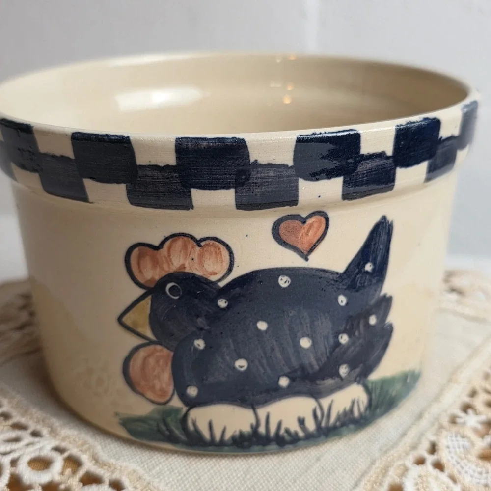 Vintage Alpine Pottery Hand-Painted Rooster Stoneware Crock Small Checkered